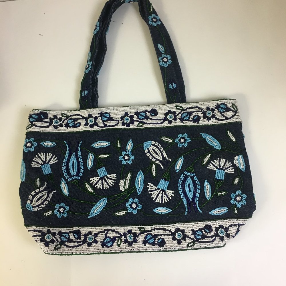 Vintage IPA NIMA Blue Floral Beaded & Denim Shoulder Bag Purse Hanoi Handmade
